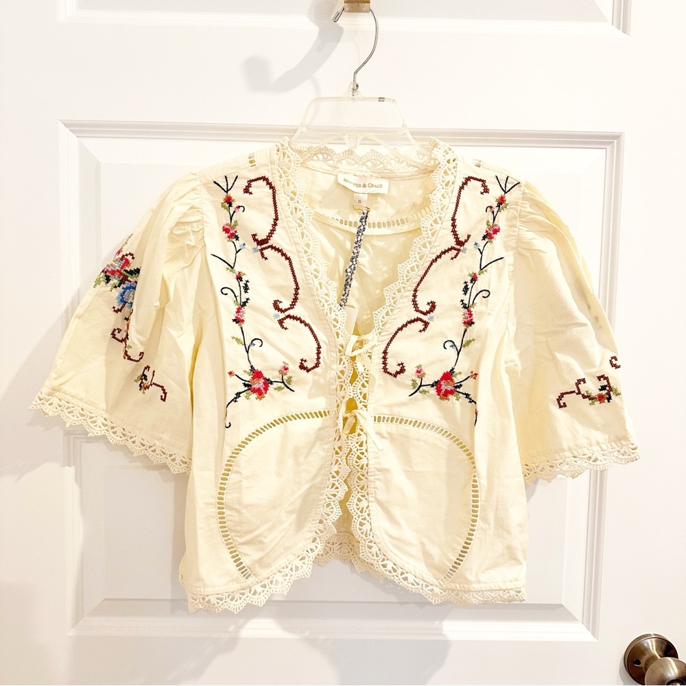 Cream Embroidered Crochet-Trim Blouse